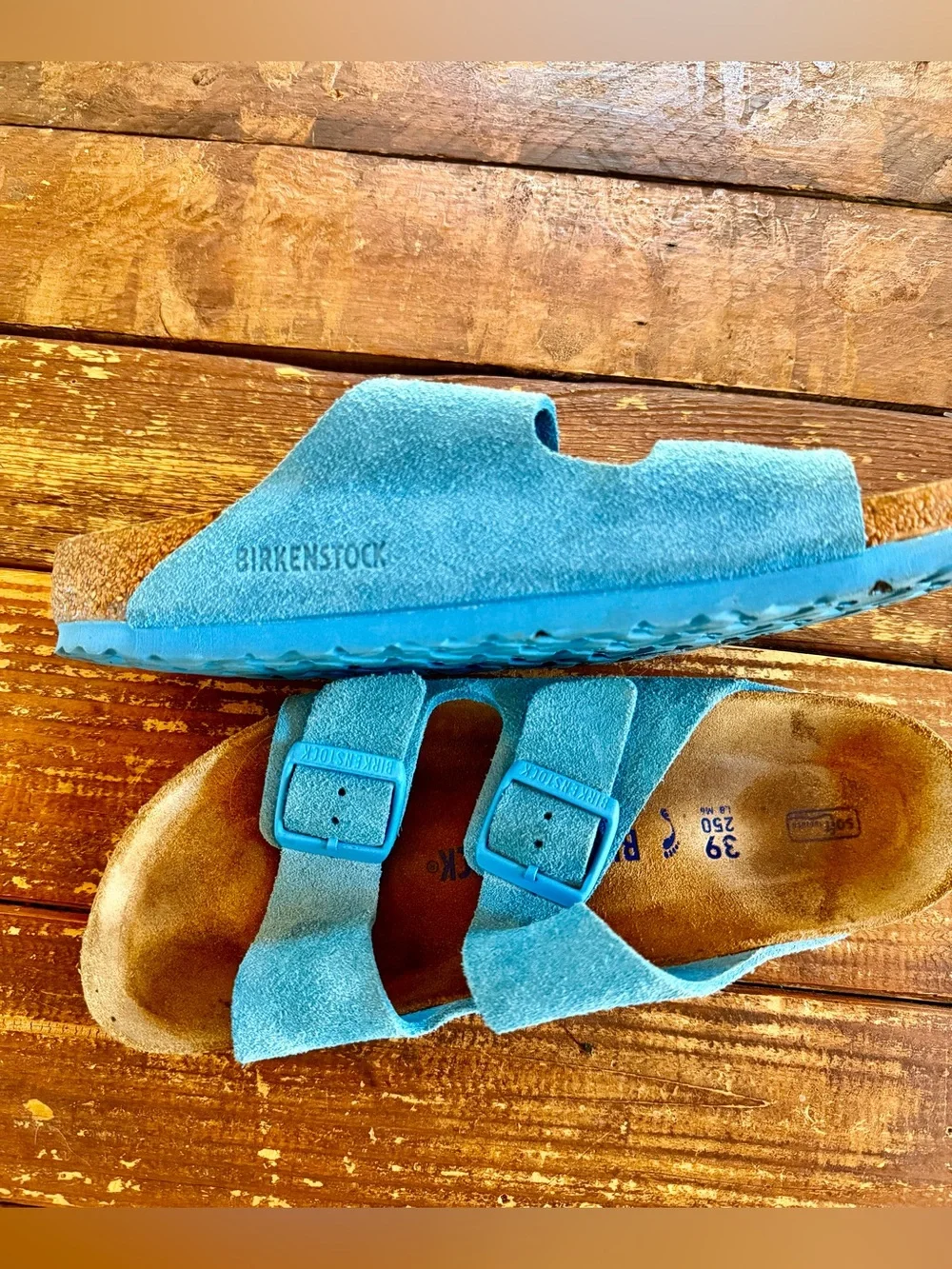 Birkenstalk Arizona suede blue, soft bed, cork bottom, size 39
